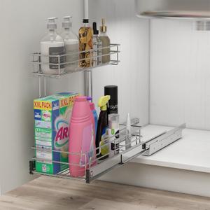 Under Sink Organizer 9"W X17"DPull Out Cabinet Organizer 2 TierUnder Sink Slide Out Organizer Chrome Plated, Under Kitchen Bathroom Sink Organizer, Pantry Cabinet Closet Organization Rack, 1 Pack