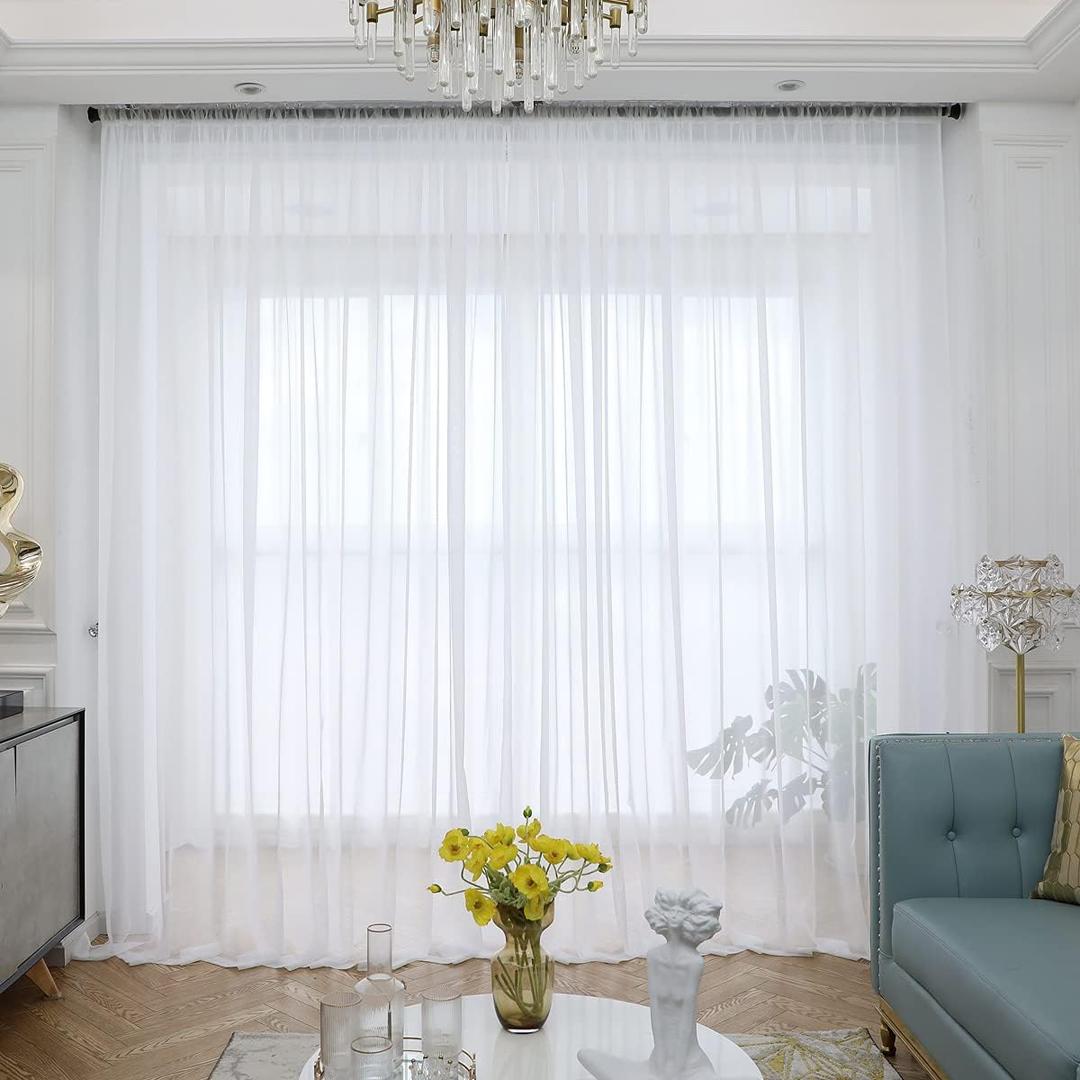 ABCHOME Sheer White Curtains 145 Inches Long Window White Sheer Curtain 2 Panels Sheer Curtains Bedroom Children Living Room Yard