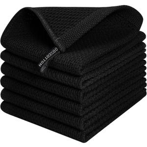 Kitinjoy 100% Cotton Kitchen Dish Cloths, 6 Pack Waffle Weave Dish Towels Ultra Soft Absorbent Quick Drying Dish Rags, 12 X 12 Inches, Black