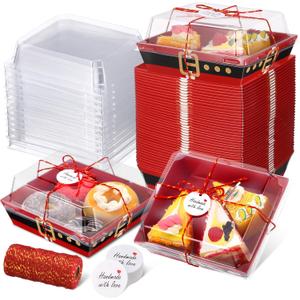 Outus 100 Pack Charcuterie Boxes with Clear Lids, 5.7 x 5.1 Inches, Paper Food Containers Cake Take out Bakery Boxes with Gift Tags Rope for Desserts Sandwich Strawberry(Red,White,Christmas)