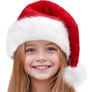Kids Santa HatSoft & Fluffy Faux Fur Christmas Hat for Boys & Girls, Classic Red Holiday Cap for Xmas Party, New Year Outfit