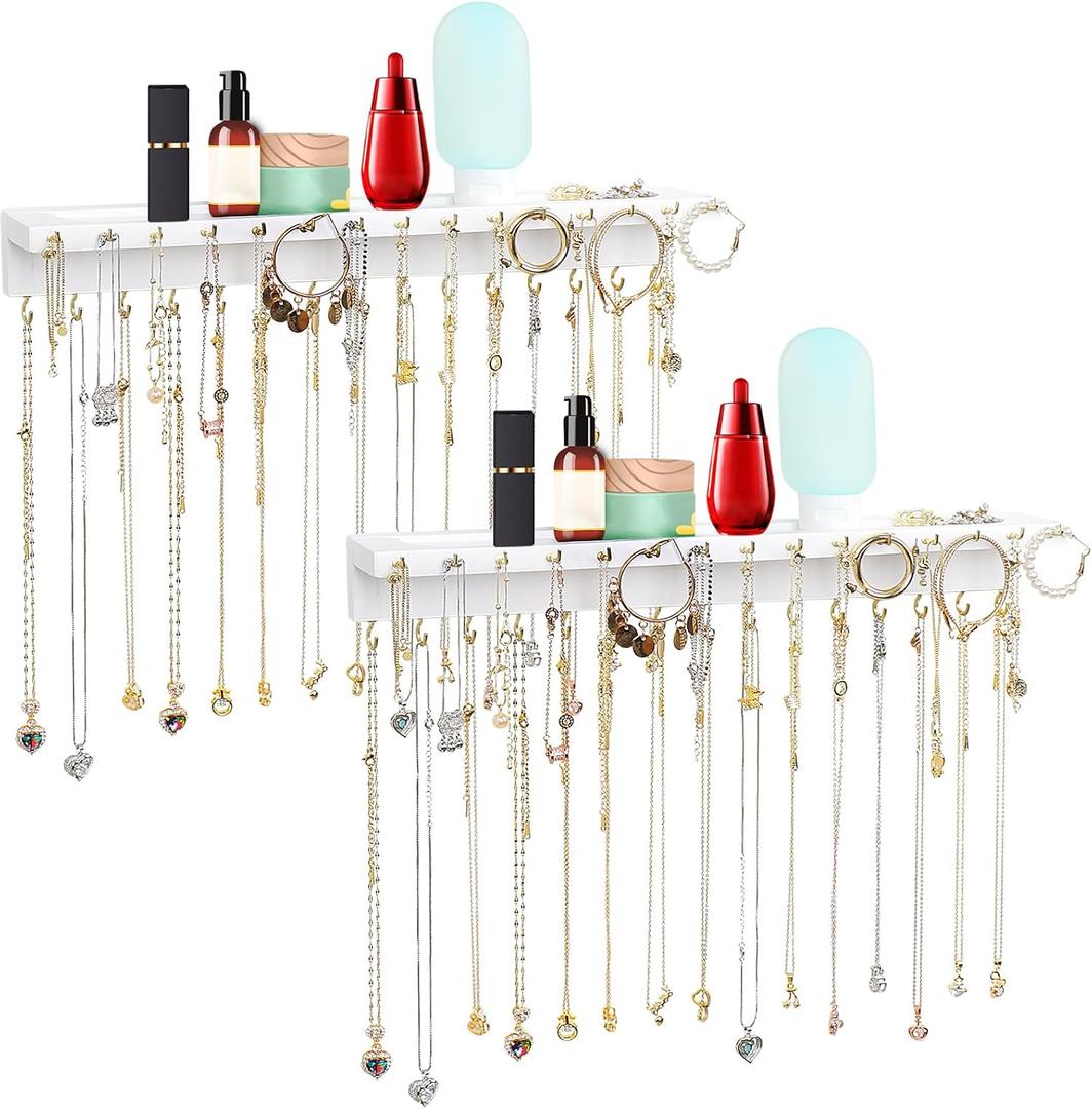Necklace Holder, Upgraded Extra Large Wall Necklace Organizer with 30 Hooks Wall Mounted Necklace Hanger with Jewelry Tray/Cosmetics Shelf Rustic Pine Wood Holder (2 Pack-Double White)