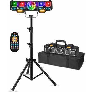 DJ Light with Stand,7IN1 DJ Disco Party Light with Stand&Carry Bag RGB Par Lights,Rotating Ball,Strobe,UV Lighting by DMX Sound Activated Remote Control for Parties Gig Bar Stage