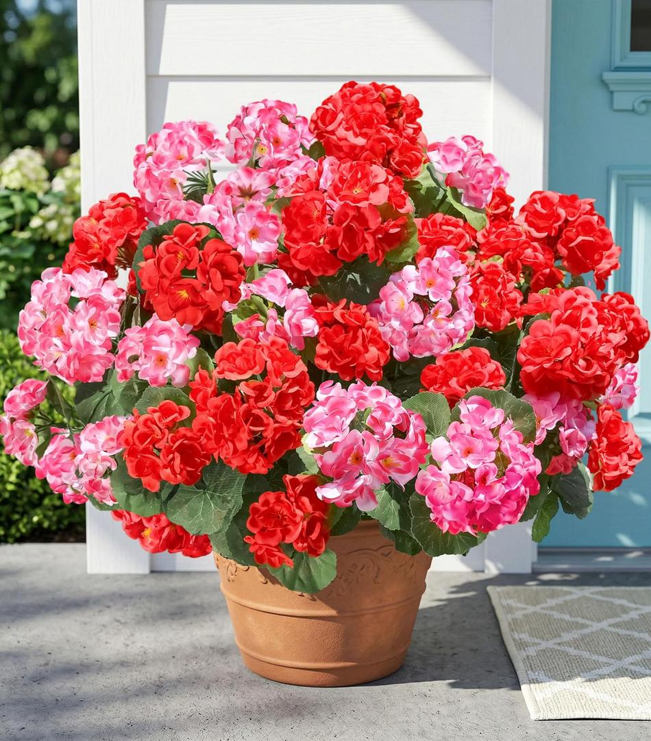 Fake Geraniums Artificial Flowers for Outdoors, 6 Bundles Silk Geraniums Flowers Realistic UV Resistant Fake Plants Faux Flowers for Outside Planters Front Door Garden Balcony Yard Porch Indoor, Mix