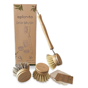 eplanita Natural Dish Brush, 3 Replacement Heads, Kitchen Eco Bamboo Scrubber Brushes, Extra Plant Sponge, Plastic Free Washing Up, Zero Waste Cleaning