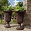 23.6" Tall Plastic Urn Planters for Outdoor Plants, Set of 2 Heavy-Duty Classic Indoor Large Flower Pots with Drainage Holes & Trophy Design, Outdoor Planters for Porch, Home Garden, Brown, 19.69"D x 15.75"W x 23.62"H