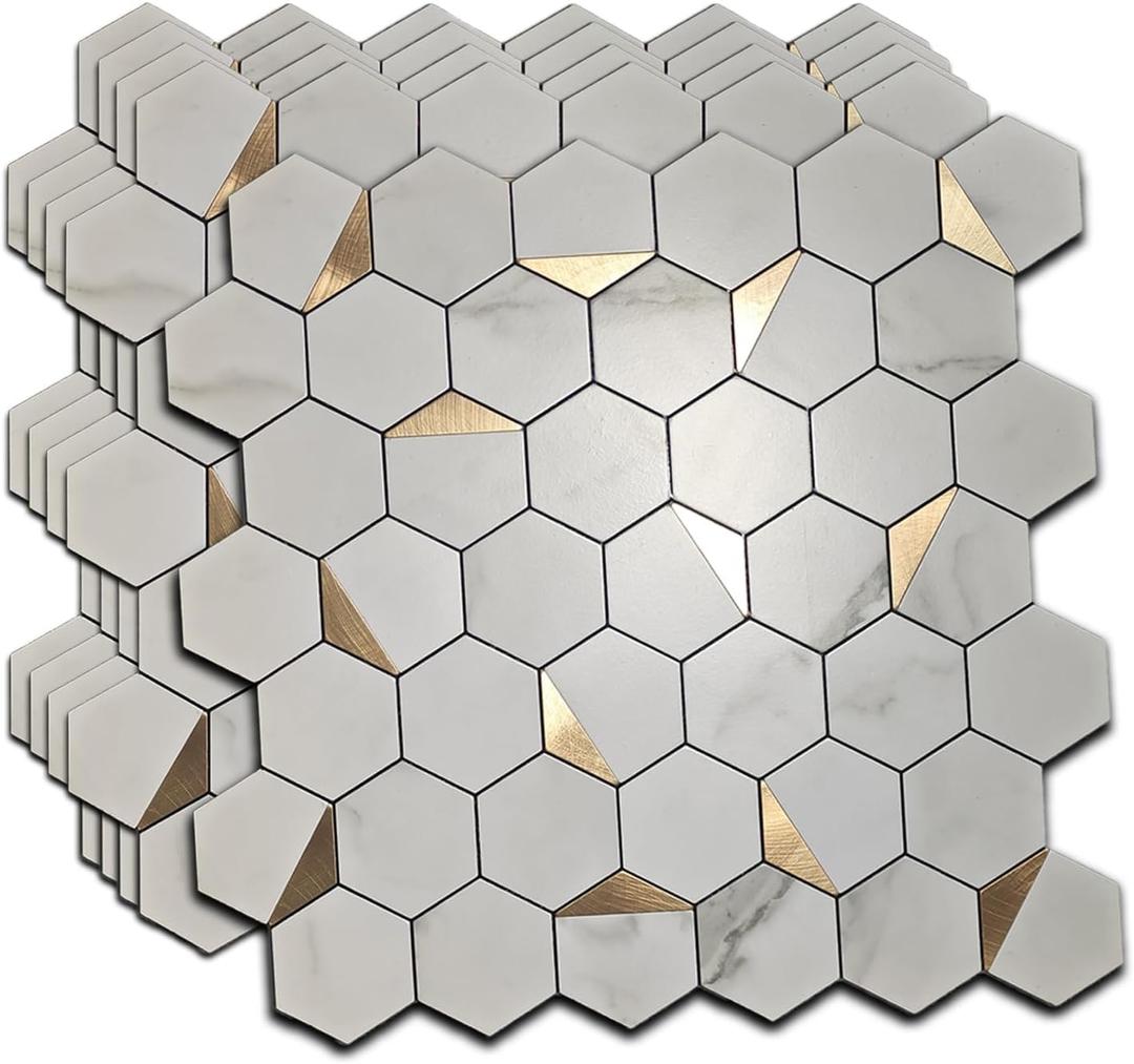 Hexagon Peel and Stick Backsplash Tiles, White Marble with Gold Accents, Waterproof PVC, 10 Sheets, Self-Adhesive Mosaic for Kitchen, Bathroom, Fireplace (10, Golden)