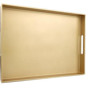 Gold Serving Tray for Coffee Table, Rectangular Plastic Decorative Tray with Handles for Entertaining, Outdoor Patio, Living Room, Ottoman, Bathroom Counter, 11.8*15.7*1.6