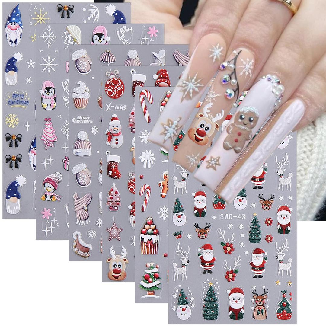 6 Sheets Christmas Nail Art Stickers Self-Adhesive 3D Christmas Tree Santa Claus Nail Decals Winter Nail Stickers Snowflake Snowman Penguin Elk Nail Design Christmas Stickers for Women Nail Decoration