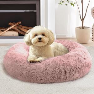 JOLLYVOGUE Calming Dog Bed Medium Size Dog, Anti-Anxiety Donut Medium Pet Bed, 27 inches Fluffy Faux Fur Round Cat Bed (Dark Pink)