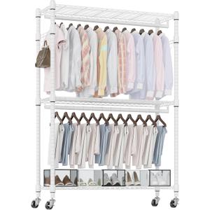 Homdox 3 Tier Heavy Duty Garment Rack with Wheels, Adjustable Wire Clothes Rack with Double Hanging Rods, Portable Closets for Hanging Clothes with Side Hooks, White