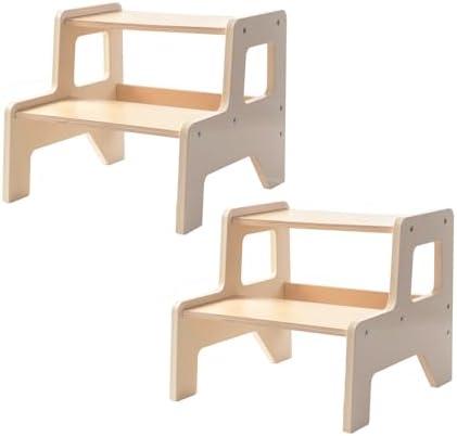 OgiOgi Toddler Step Stool, 2 Step Wooden Toddler Kitchen Stool Helper for Bathroom Sink, Toilet & Potty Training, 330lbs Capacity Stools for Kids with Safe Non-Slip Pads and Handles-Honey Beige(2PCS)