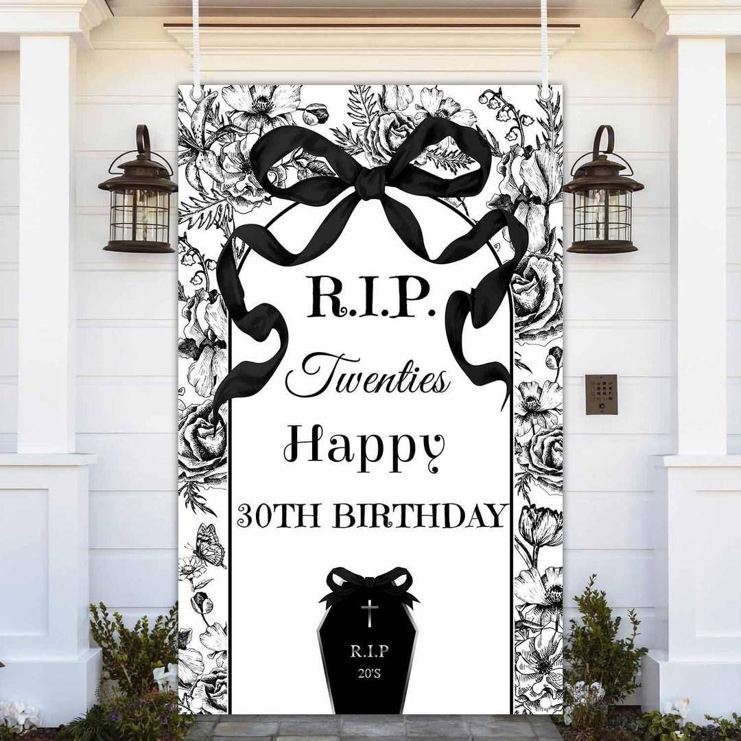 MEHOFOND 3.6x6ft Black Bow Rip to My 20s Happy Birthday Backdrop Coquette Party Decor for RIP 20s Sign, 30th Birthday Party Photo Studio Booth Props