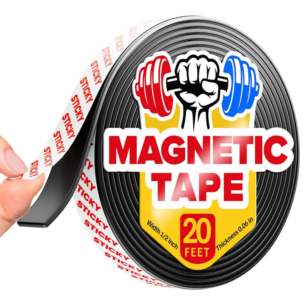 Super Sticky Magnetic Tape (20 Feet x 1/2 Inch / 6m x 1.25cm) - Strong Magnet Strip with Adhesive Backing for DIY & Crafts - Easy to Cut and Mount On Fridges, Whiteboards & More - Organization