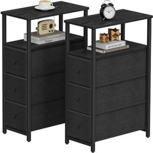 TUTOTAK Narrow Night Stand, Slim End Table, Tall Side Table with 3 Fabric Drawers, Small Bedside Table with Storage, Set of 2, for Living Room, Bedroom, Black TB01BK072