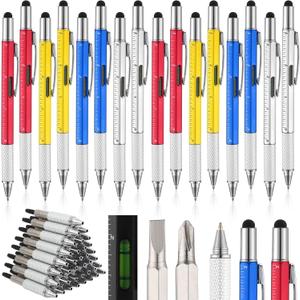 Yeaqee 16 Pcs Valentines Men Gifts 6 in 1 Screwdriver Multi Tool Pens with Refills Ruler Level Gauge for Bulk Multi Tool Gifts for Valentines Day Adult Men Father Husband Male Employee (Classic Color)