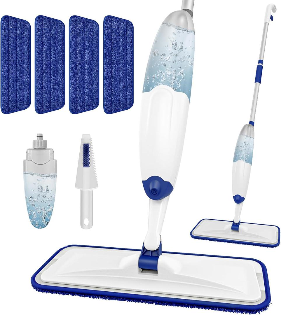 HOMTOYOU Microfiber Flat Mop with Sprayer: Spray Mop with 4 Washable Pads for Cleaning Multi-Surface Floors - 1Pcs 400+ML Refillable Bottle (White Blue)
