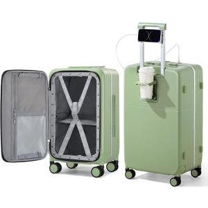 Hanke 24 Inch Luggage with Cup Holder and Charge,Top Opening Hard Shell Suitcases with Wheels and Dividers,Aluminum Frame Trunk Luggage Medium Checked Suitcase with Lock for Travel,Bamboo Green