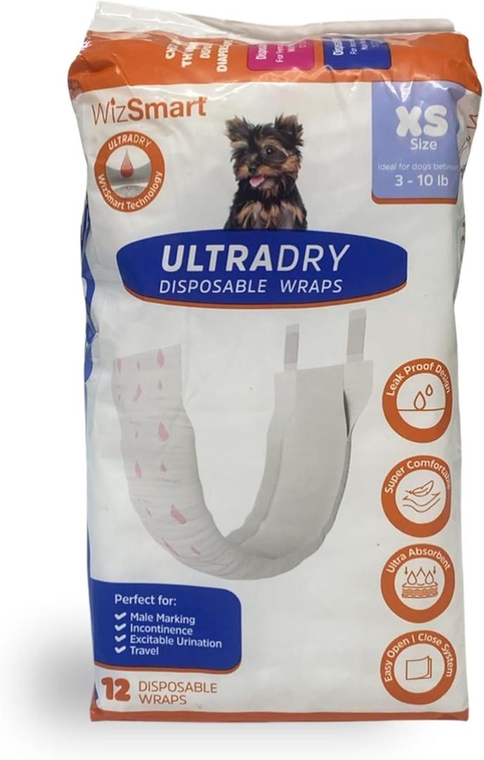 WizSmart Ultra Dry Male Dog Wraps for Extra Small 3-10 lbs Dogs  Disposable Diapers with Leak Protection, Comfort Fit, Fresh Smell for Incontinence, Marking, Urination, Travel or Home - 12 Count