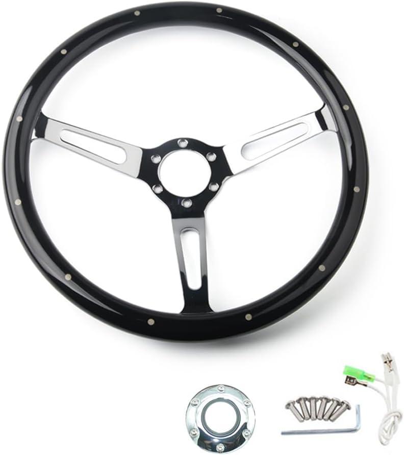 MR HELLO 15" Inch Classic Black Wood Grain Grip Steering Wheel 3 Spoke Riveted 380mm 6 Bolt with Horn Button (long hole)