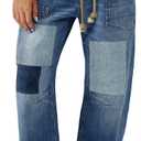 PLNOTME Womens Baggy Barrel Horseshoe Jeans Wide Leg Patchwork Low Rise Denim Pants with Pockets, Blue, 14