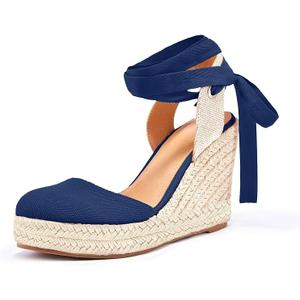 Ermonn Womens Espadrilles Wedge Sandals Platform Closed Toe Ankle Strap Lace Up Summer Shoes (Navy, M) Size: 7