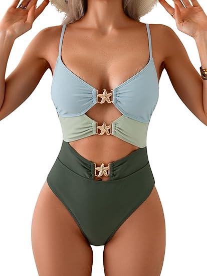 Eomenie One Piece Swimsuit for Women Cutout Monokini Sexy Bathing Suit Metal Swim Suit, Color: Grey Blue and Green, Size Large