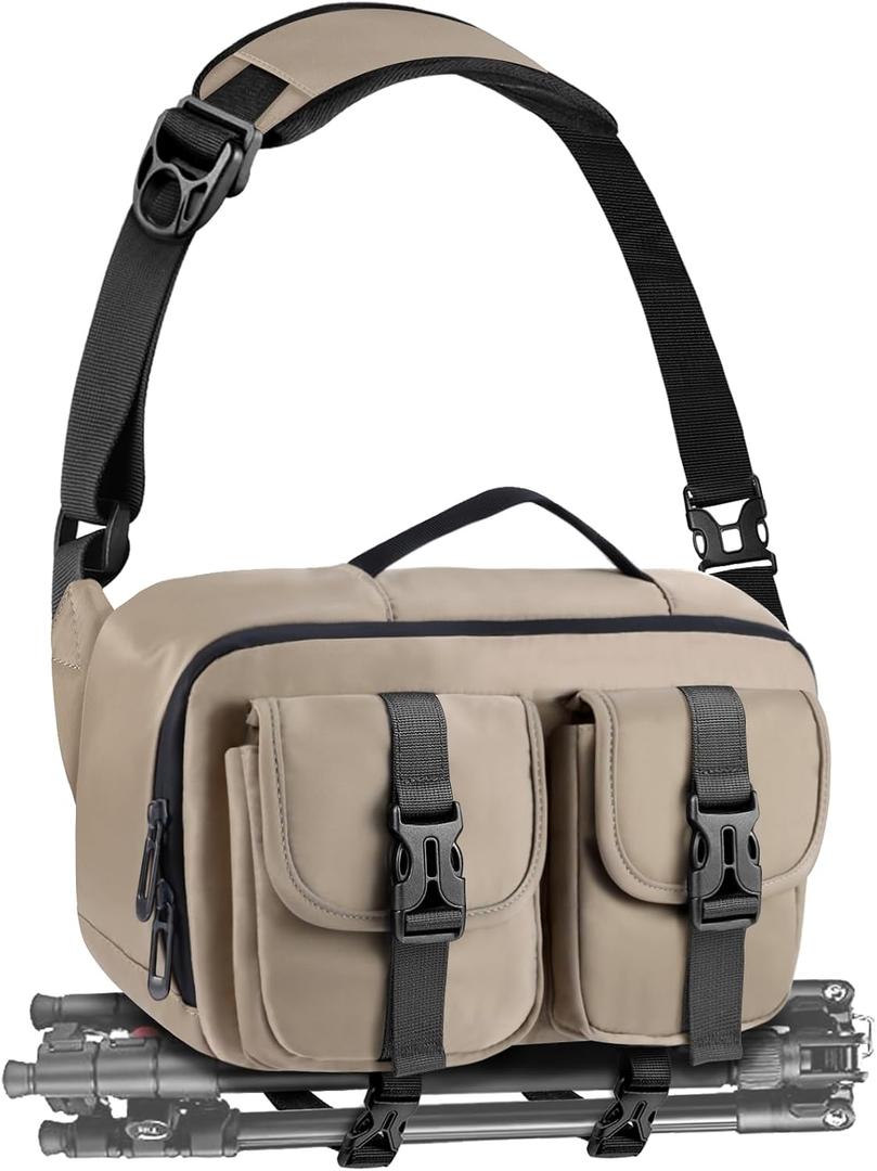 TAAOKA Camera Sling Bag,DSLR Camera Bag with Tripod Holder,Waterproof Camera Shoulder Crossbody Bag for Photographers(Coffee), 12.6 x 5.1 x 7.8 inches