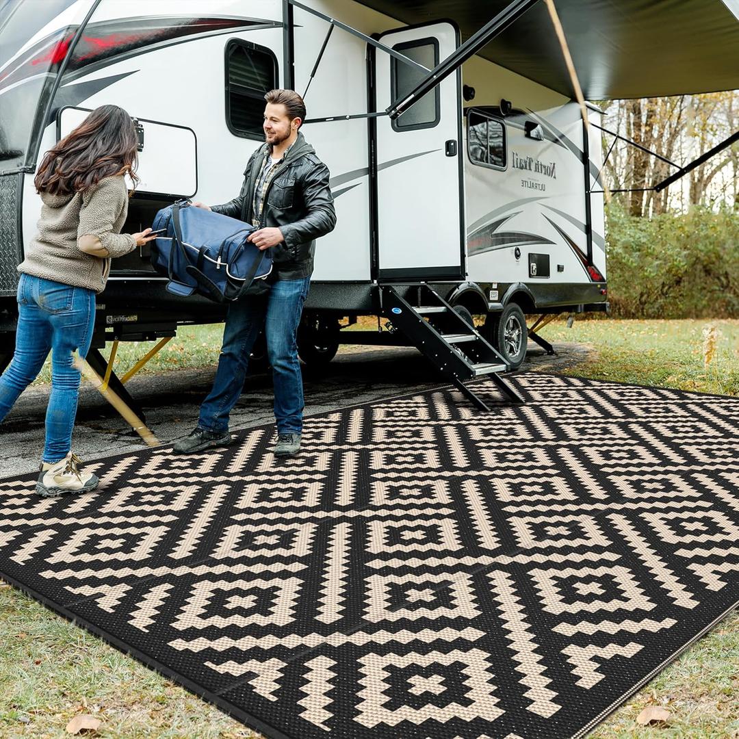 GENIMO Outdoor Rug for Patio Clearance, 10'x14' Waterproof Large Camping Mat, Reversible Plastic Straw Rugs for RV, Camper, Balcony, Backyard, Picnic, Deck (Black & Beige)