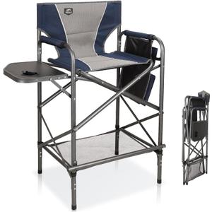 LANMONTAIN Folding Tall Director Chairs,30.7'' Seat High Makeup Solan Chairs,Portable Camping Chair w/Side Table Functional Pocket and Footrest,Comfy Bar Stool Heavy Duty Supports 350 Lbs,Blue
