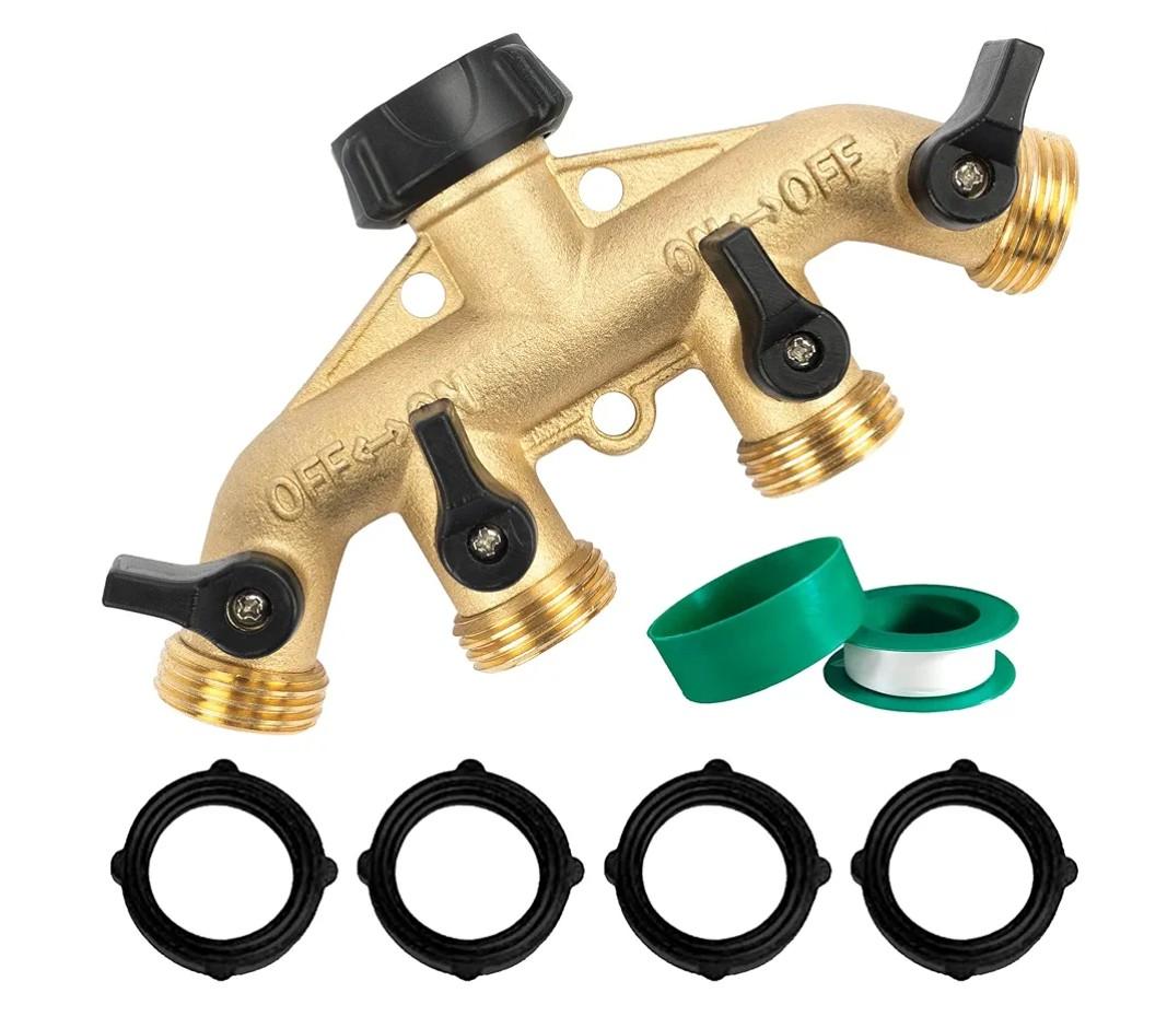 Hourleey Brass 4 Way Heavy Duty Garden Hose Splitter, Water Hose Splitter for 3/4" Hose Connector, Hose Faucet Splitter Hose Spigot Adapter 4 Valves with 4 Rubber Washers & Tape