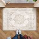 Area Rug 2x3 Vintage Rug: Small Washable Indoor Medallion Entryway Rug Low Pile Distressed Floor Carpet Retro Accent Doormat for Bedroom Bathroom Hallway Kitchen Home Office(Beige, 2'x3')