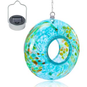 VCUTEKA Bird Feeder Solar Fly Through Bird Feeders for Outside Hanging with Round Shape Glass Container to Attract Wild Birds for Garden Decor, Blue 8"