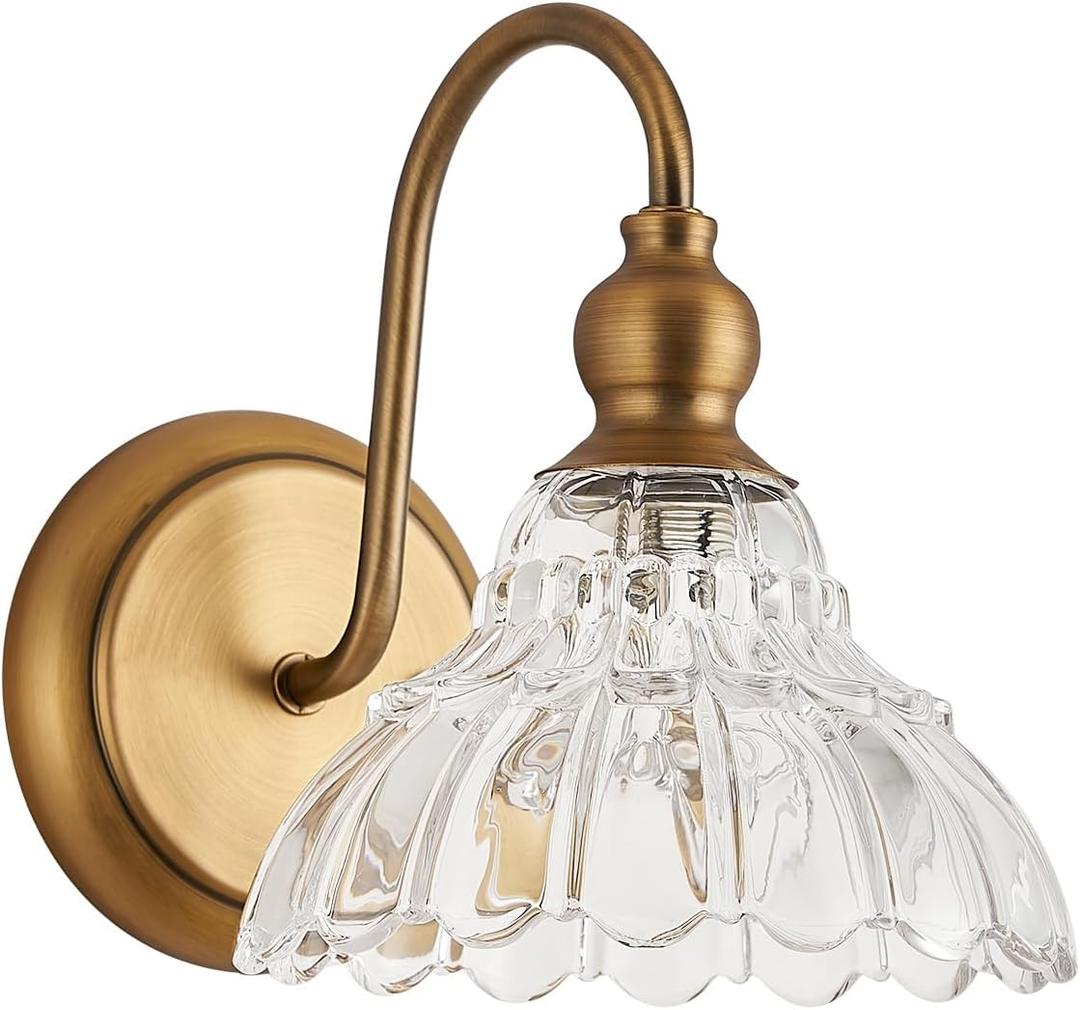 Vintage Brass Wall Sconce Bronze Bathroom Wall Light Made of Electroplated Copper Body and Pressed Patterned Glass Retro Vanity Lights for Bedroom, Doorway, Hallway