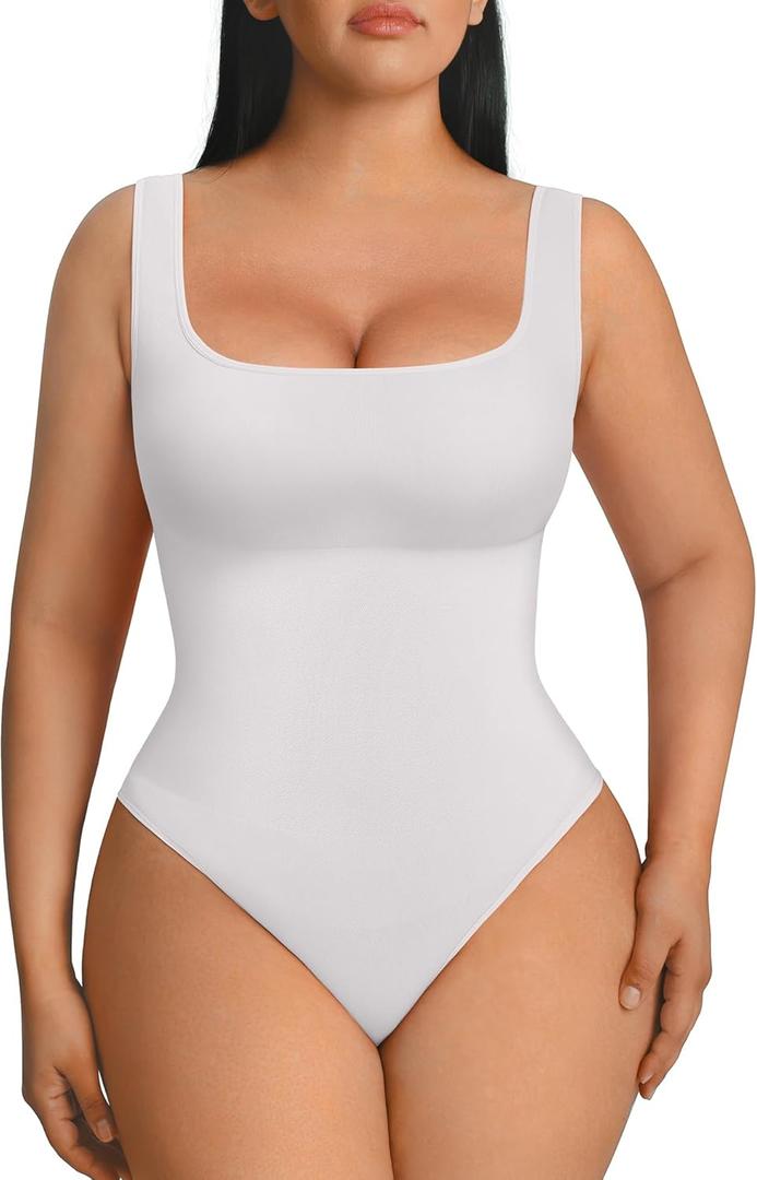 FeelinGirl Bodysuits for Women Seamless Square Neck Tummy Control Compression Thong Shapewear Bodysuit Tank Tops Bodysuit (White, M)