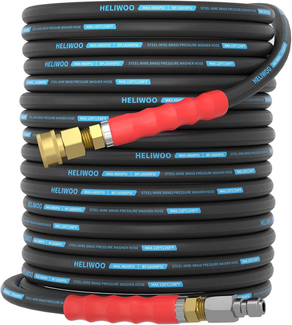 4800 PSI Pressure Washer Hose 100FT, 3/8'' Steel Wire Braided Kink Resistant Power Washing Extension Hose for Hot Water Max 248°F, Qucik Connect End, Black and Blue