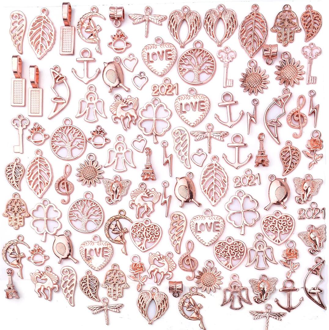 100pcs Rose Gold Mixed Charms Pendants Tibetan Alloy Vintage Charms Wholesale Bulk Crafts Supplies for DIY Necklace Bracelet Earring Handmade Jewelry Making Accessories