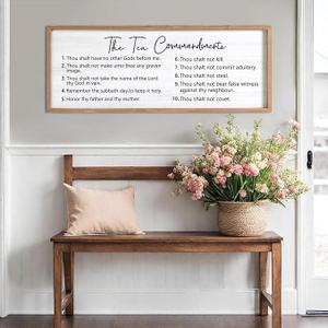 YWMZYKJGS The 10 Commandments Bible Verse Wall Art Decor 40"×15" Christian Ten commandments God Jesus Prayer Religious Saying Sign Rustic Inspirational Catholic Scripture Wood Framed Hanging (Wood)
