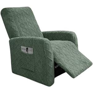 GOSTADY Recliner Chair Covers 4Pcs Plush Jacquard Small Recliner Sofa Slipcover Stretch Recliner Slipcover for Lazyboy Chair with Storage Pocket Furniture Protector for Living Room, Deep Green