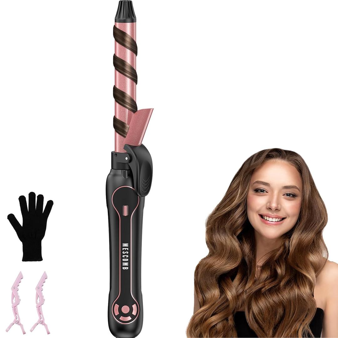 Rotating Curling Iron 1 Inch - Dual Voltage Automatic Hair Curler for All Hair Types, Fast Heating & Easy-to-Use Effortless with LCD Display 250F-450F for Lasting Beach Waves (Red)