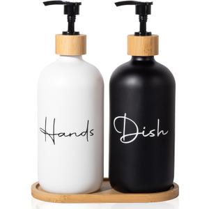 7 oz Hand Soap Dispenser Empty Glass Lotion Pump Bottles, Refillable Liquid Dish Soap Bottles for Bathroom, Kitchen Sink, Black + White, 2 Pack 