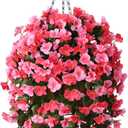 INQCMY Artificial Hanging Flowers Basket for Outdoors Spring Summer Decoration,Faux Silk Begonia in Planter Look Real UV Resistant for Outside Home Porch Patio Garden Balcony Yard DecorDeep Pink