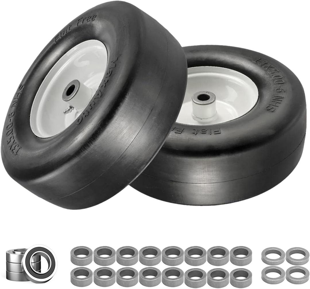 2 Pack 13x5-6" Flat Free Riding Lawn Mower Tires and Wheel, Garden Tractor Solid Smooth Tires, Hub Range for 3.25"- 7.22", 13x5.00-6" Flat Free Zero Turn Front Tires with 3/4" & 5/8" Bearings