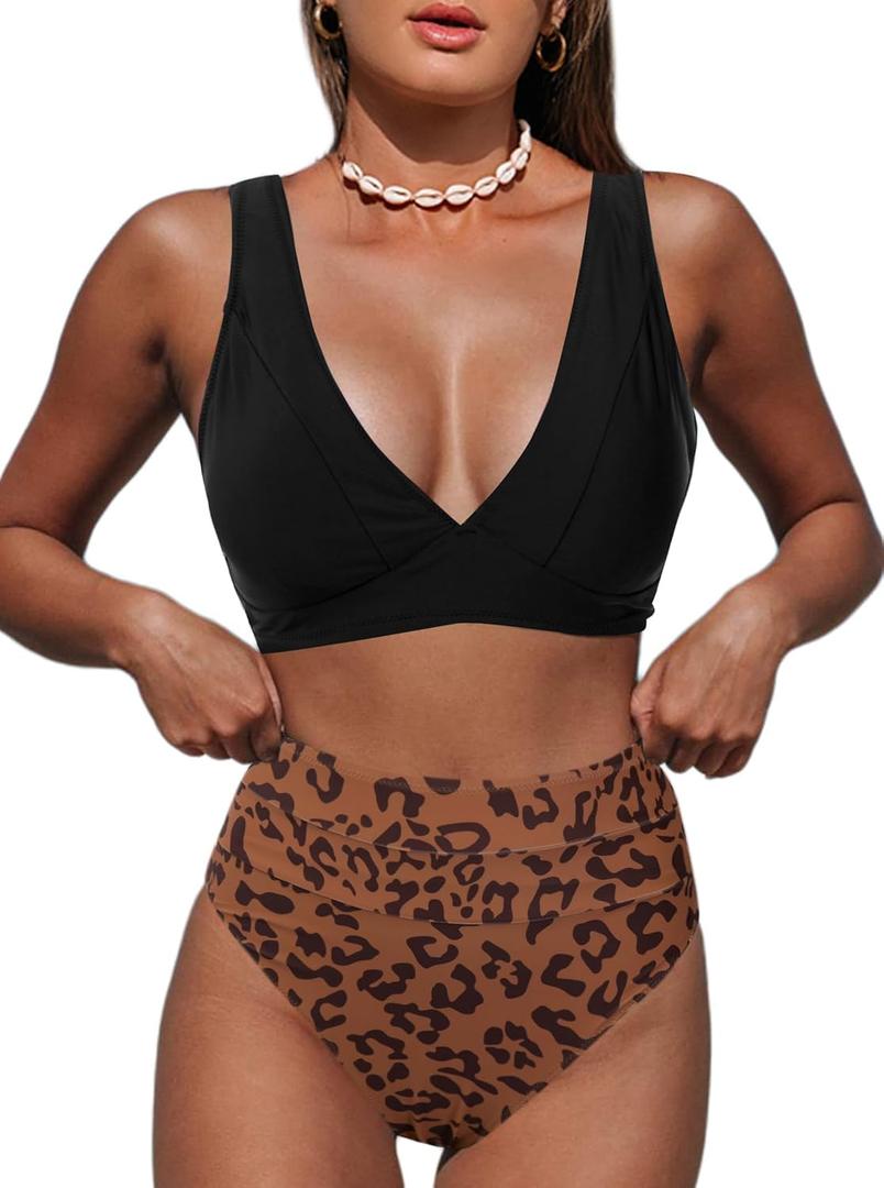 Hilinker Women's Leopard Bikini Swimsuits V Neck High Waisted 2 Piece Bathing Suits (M)