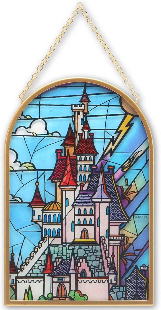 Open Road Brands Disney Beauty and the Beast Castle Hanging Glass Wall Decor - Beautiful Disney Princess Wall Art for Home (Blue)