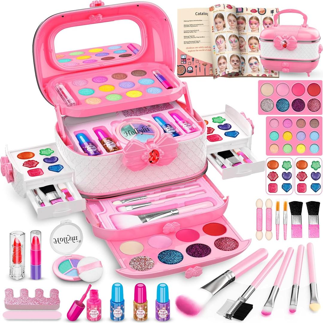Hollyhi 58 Pcs Kids Makeup Kit for Girl, Princess Toys Real Washable Cosmetic Set with Mirror, Kids Makeup Sets for Girls, Play Make Up Birthday Gifts for 3 4 5 6 7 8 9 10 11 12 Years Old Kid (Pink) (Pink and White)