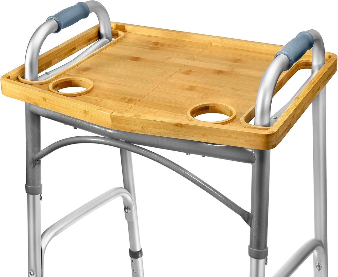 Medical king Walker Tray Table with Cup Holder Mobility Table Tray for Folding Walkers Foldable, Portable Multipurpose Bamboo Tray for Eating, Crafts, Laptops Medical Equipment Accessories - 21x16"