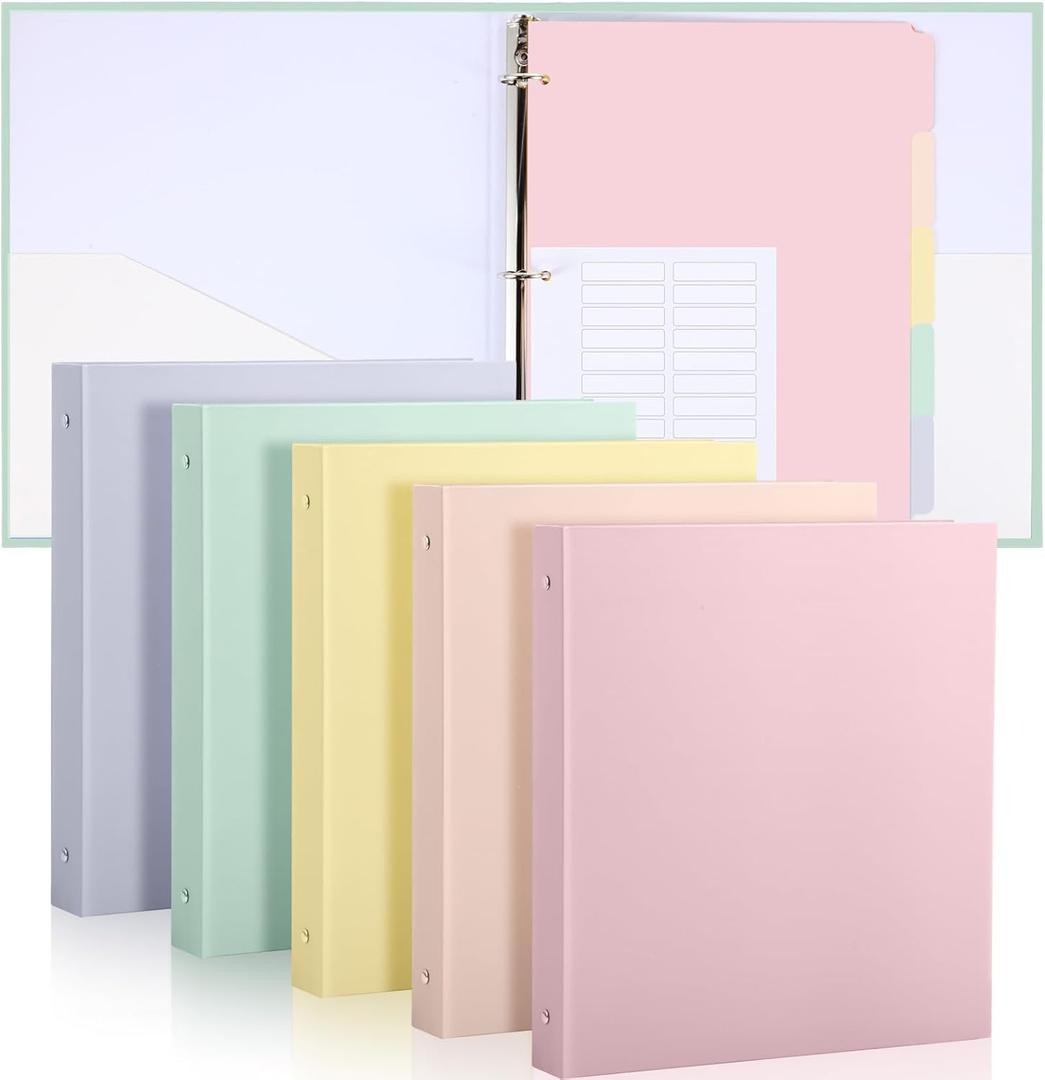 Ctosree 5 Sets 1 Inch Heavy Duty 3 Ring Binder with 2 Pockets with 5 Tab Dividers 8.5 x 11 Inch Plastic Film and File Folder Labels for Letter Size Paper Office Home Supplies (Cute Color)