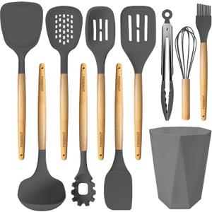 Silicone Cooking Utensils Set 11PCS - BPA-Free&Non-Toxic 446F Heat Resistant,Wooden Handle Kitchen Tools for Nonstick Cookware,Heat Resistant&Scratch-Proof Includes Spatula/Turner/Ladle(Gray)