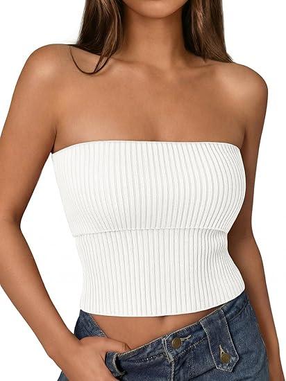 LILLUSORY Women’s 2026 Summer Strapless Tube Tops Y2K Stretchy Bandeau Crop Clothes for Beach Vacation and Going Out White S